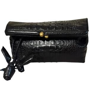 Brahmin Black Rare Croc Embossed Leather Clutch With Roses Bag Charm Wristlet